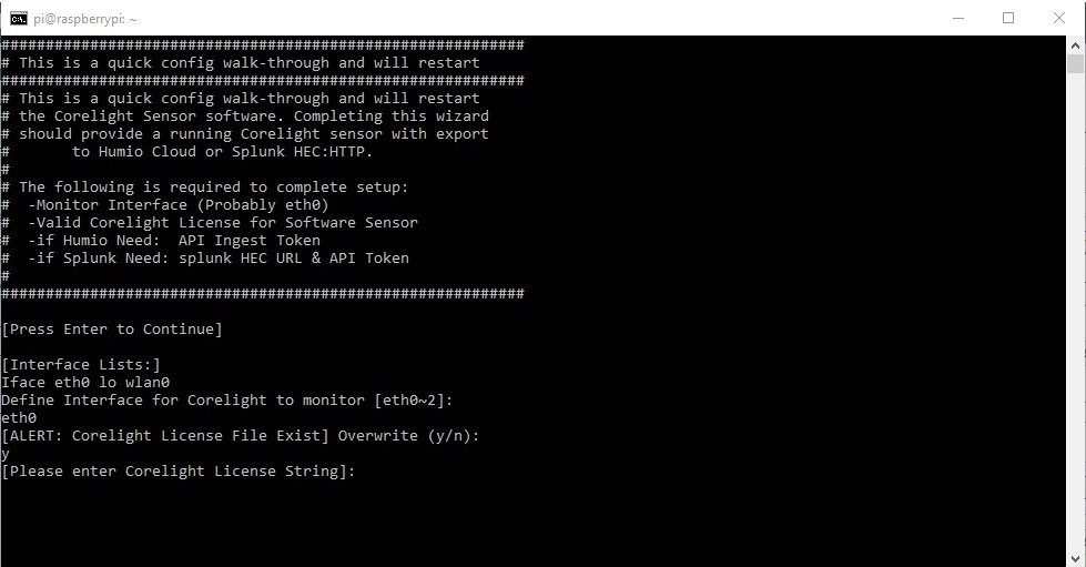 Set up your interface in which Corelight will listen on. Enter “etho” which is the ethernet port on the Raspberry Pi. Then enter you Corelight license.